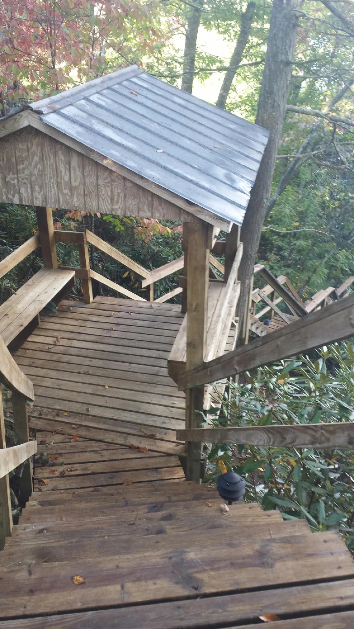 Metal roofed shelter over wooden steps on a wooded walkway — Skylight Repair & Installation work by our crew in Winston-Salem